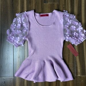 NWT Lavender Floral Y2K Puff Cap Short Sleeve Peplum Ribbed Scoop Neck Top